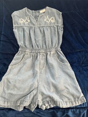 Mango Kids Light Blue Denim Dress with White Embroidered Floral Detail
